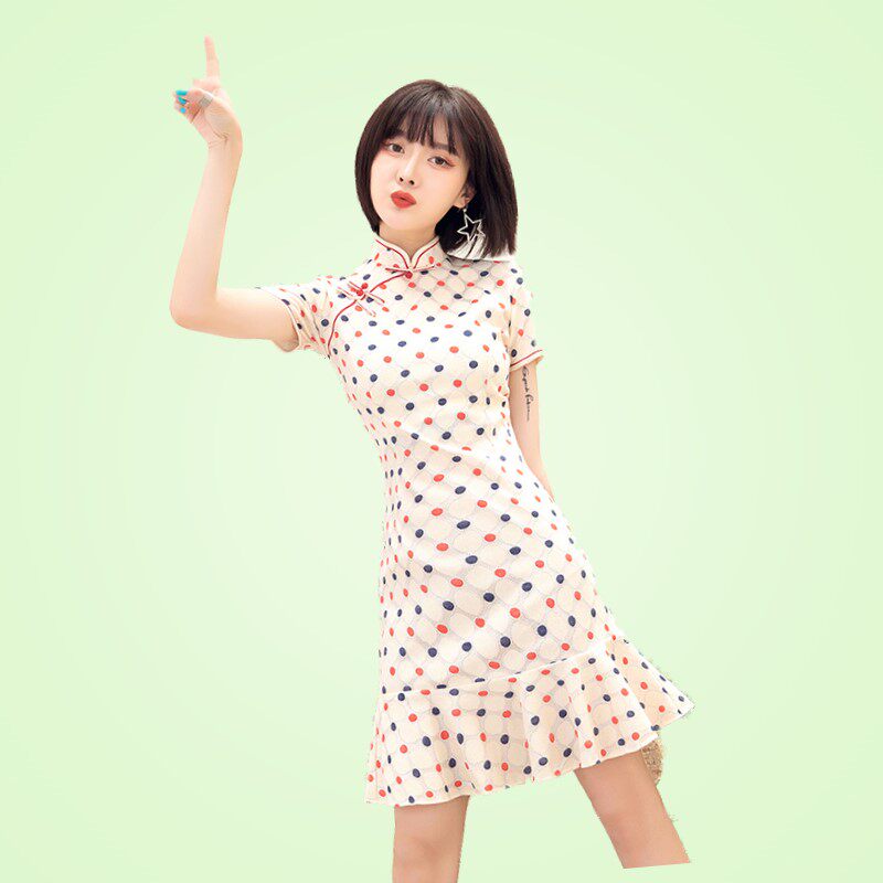 波点鱼尾小个子甜美少女短款旗袍