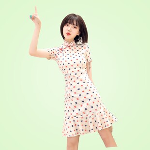 波点旗袍蕾丝款鱼尾小个子甜美中国风现代改良版少女年轻裙短款夏