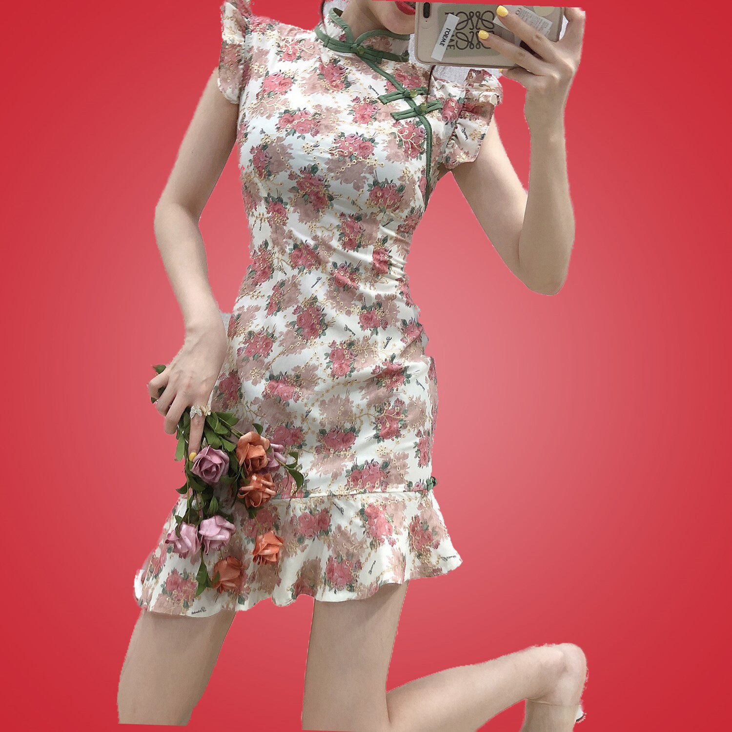 复古时尚新款2020夏季旗袍式花色修身显瘦鱼尾不规则短裙连衣裙女