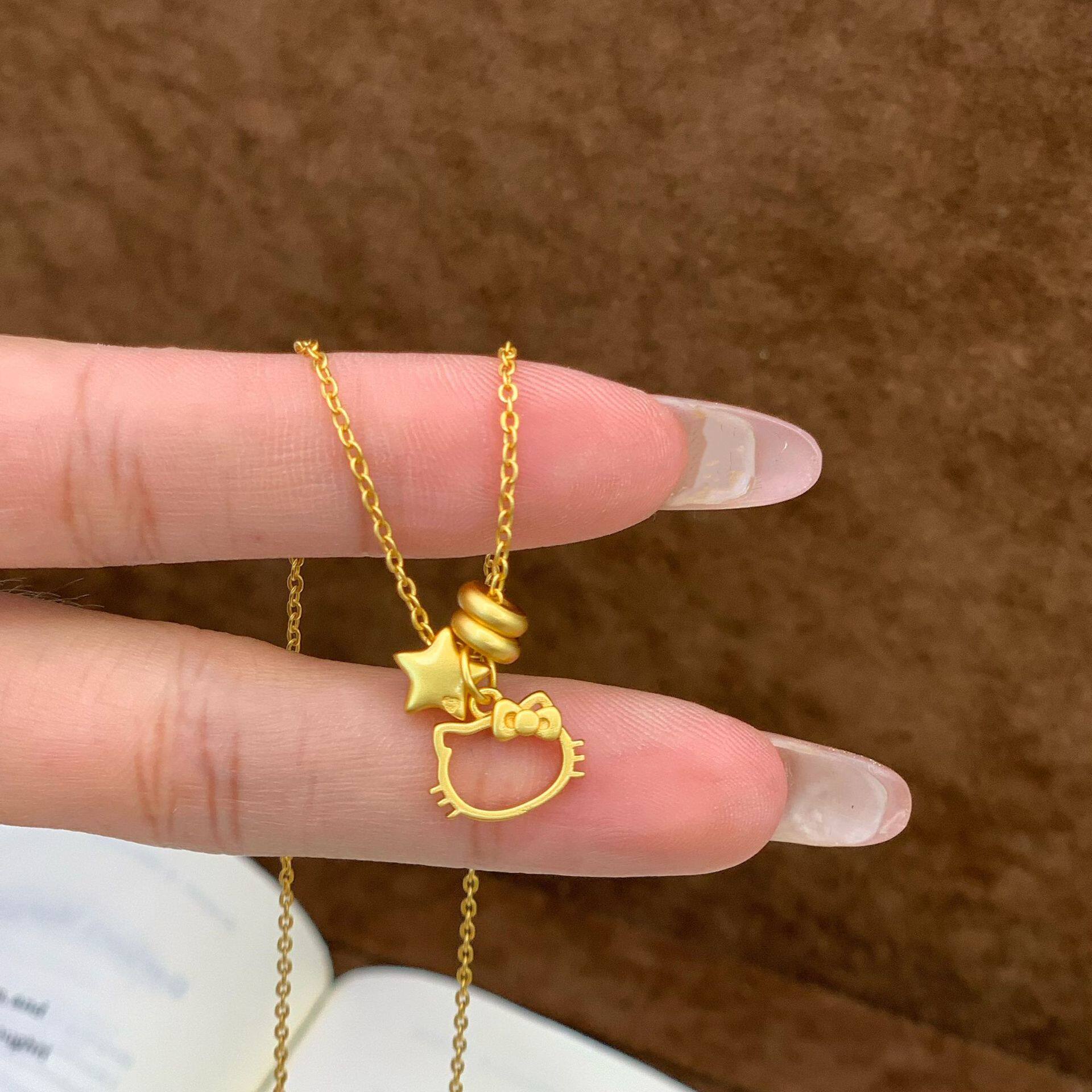 真金24K电镀强保色KT猫咪星星项链甜美轻奢镂空凯蒂猫蝴蝶结甜美