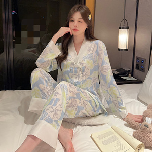 网红高级感冰丝睡衣女春夏季薄款长袖甜美印花家居服居家