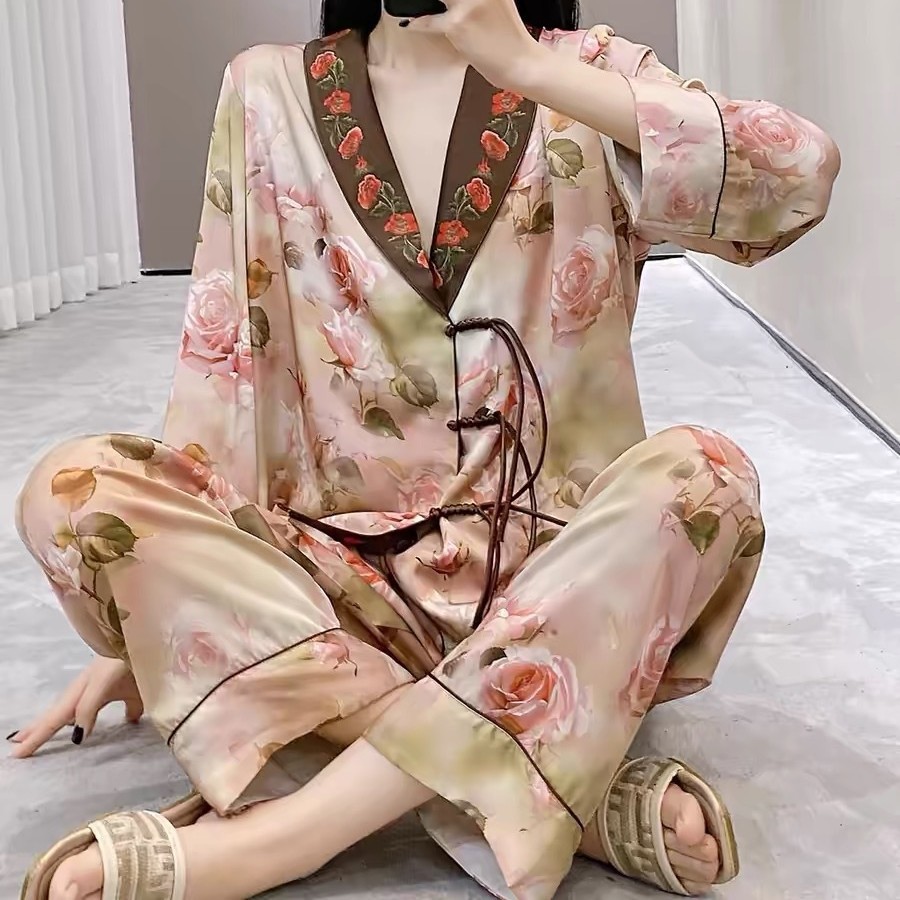 冰丝国风牡丹花卉睡衣女轻奢高贵春夏季薄款少妇高级感家居服套装