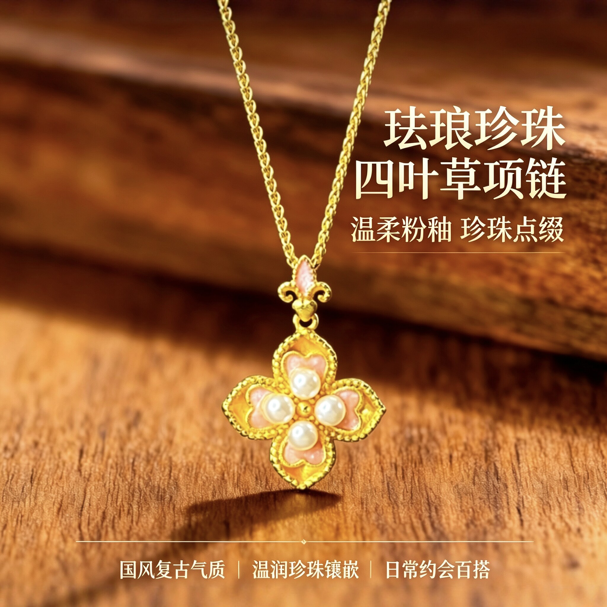 滴油粉彩桃心珍珠四叶草吊坠女轻奢甜美花朵沙金镀金项链锁骨链