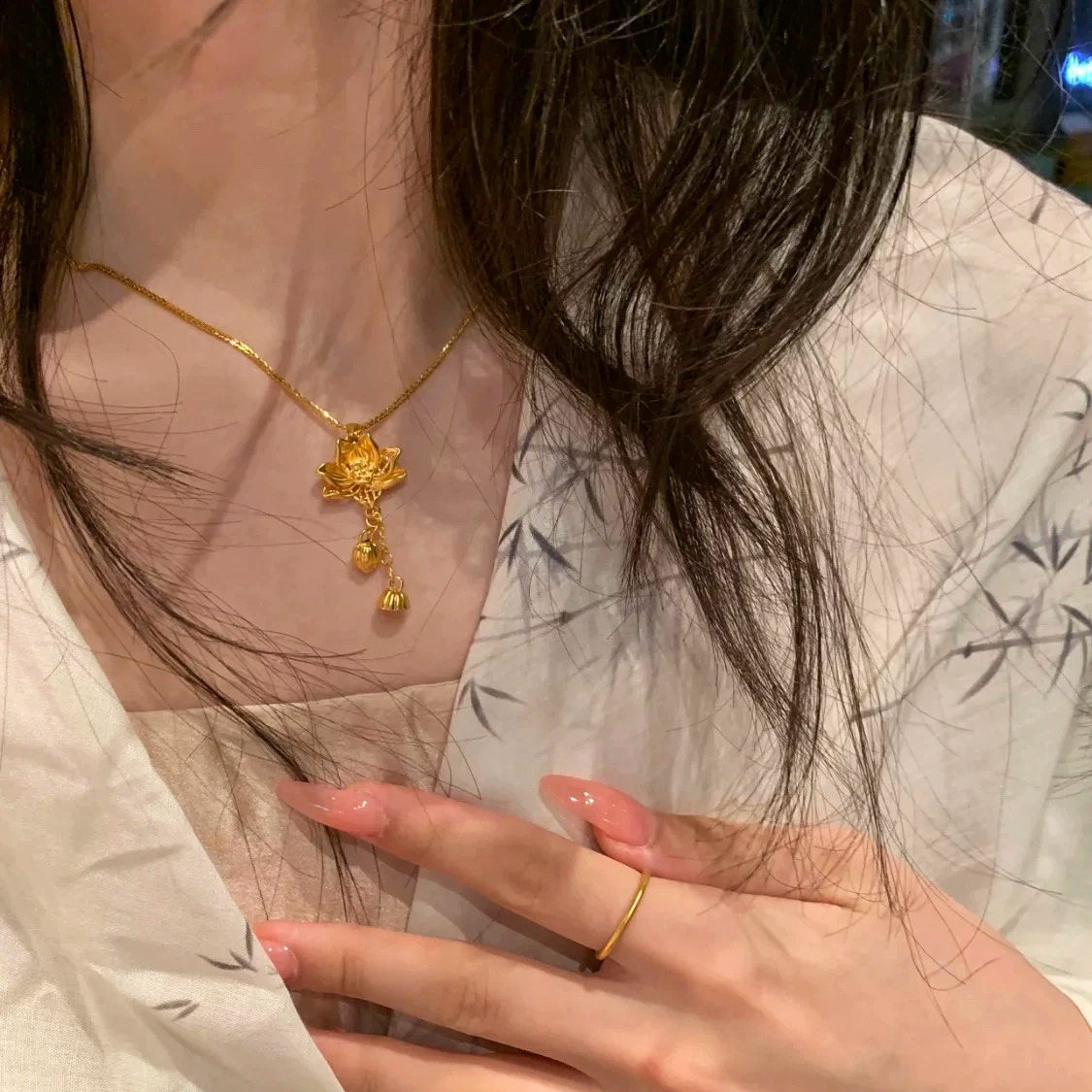 真金24K电镀强保色好事莲莲古法立体莲花吊坠荷花两世欢项链