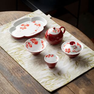 雅器茶居—祭红釉内绘蝴蝶兰花釉下彩陶瓷茶具合集盖碗茶壶品茗杯