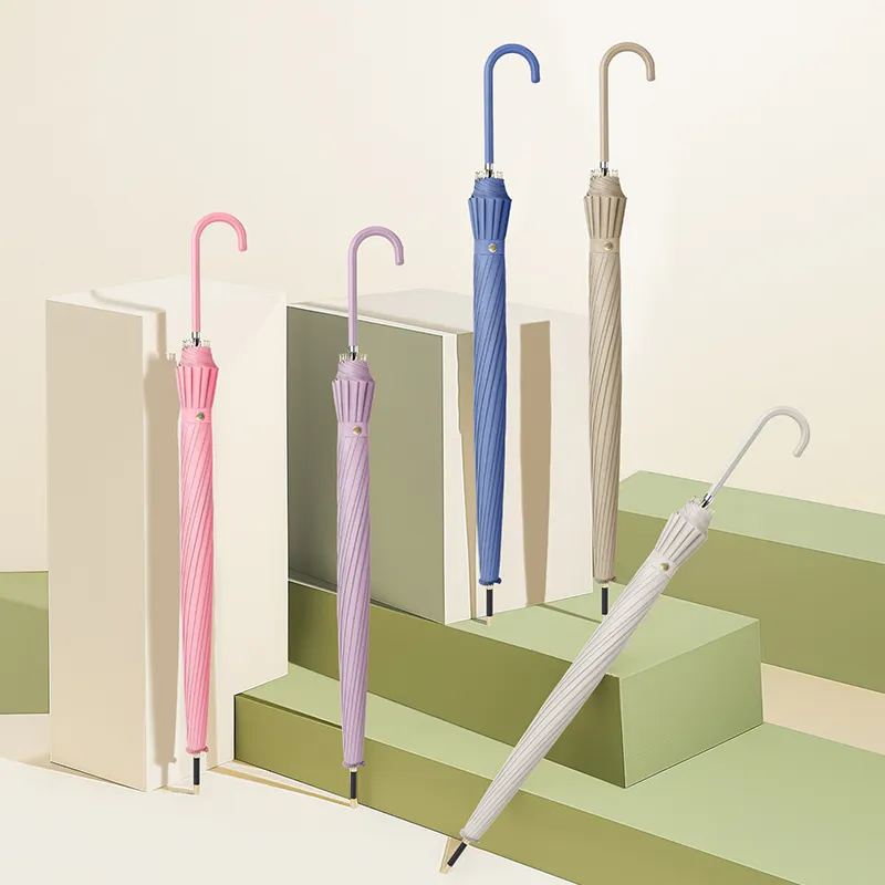 16骨长柄雨伞弯柄皮柄加大加固直杆伞纯色简约日系小清新双人伞