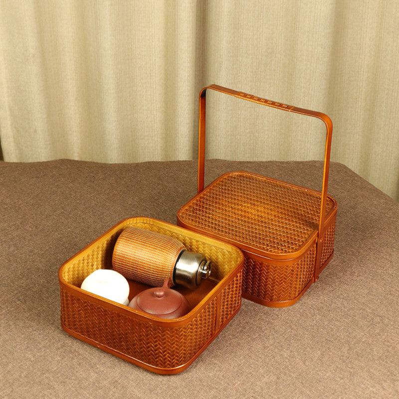 精细篾编双层提篮竹编收纳篮漆器