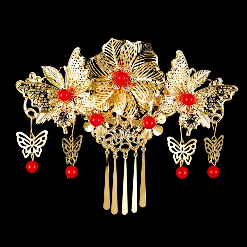 新娘头饰古装发梳复古中式红色珍珠结婚秀禾服头饰凤冠布娃娃饰品