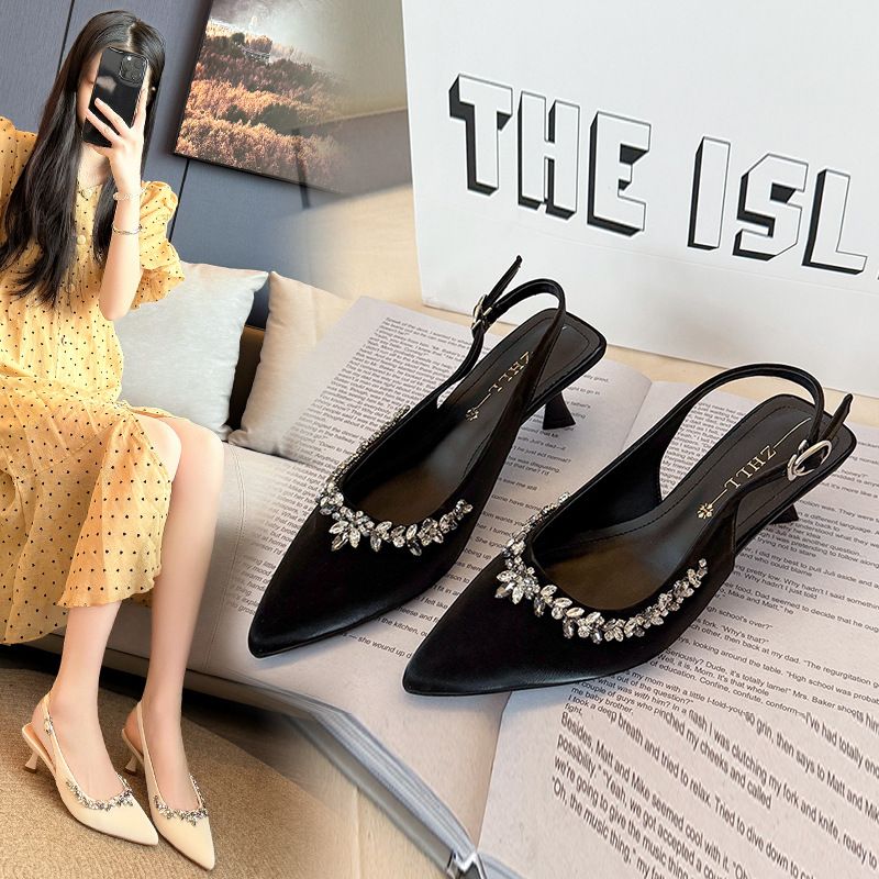 新款尖头后空高跟单鞋细跟水钻包