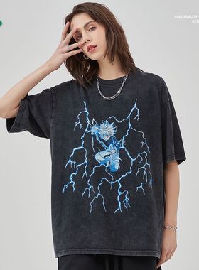 ARTIE男装丨动漫全职猎人数码印花复古磨破短袖T恤宽松做旧高街T