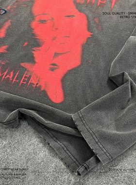 ARTIE男装2025新款秋冬275G美式红色头像废土风磨边印花长袖男t恤