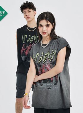 ARTIE男装|2022夏季新款反面车工炒色做旧印花坎肩背心潮牌复古T