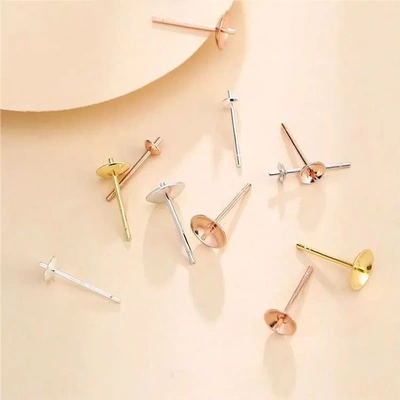 925银标刻S999纯银珍珠耳钉空托耳托碗针手工自制耳环耳饰diy配件