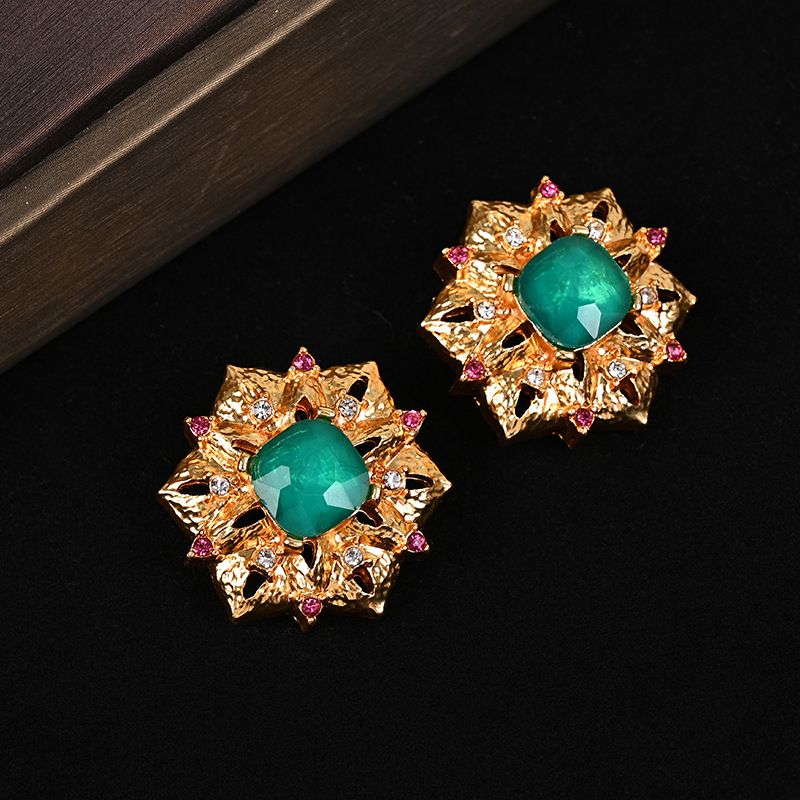 复古宫廷风几何合金浮雕绿色莱茵