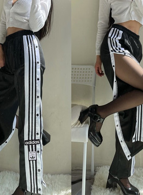 正品阿迪达斯三叶草女子侧排扣裤健身运动中腰直筒阔腿长裤GN2807