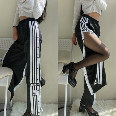 正品阿迪达斯三叶草女子侧排扣裤健身运动中腰直筒阔腿长裤GN2807
