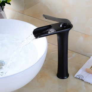 全铜黑色冷热混水阀个性艺术水槽形瀑布加高台上洗手脸盆面盆龙头