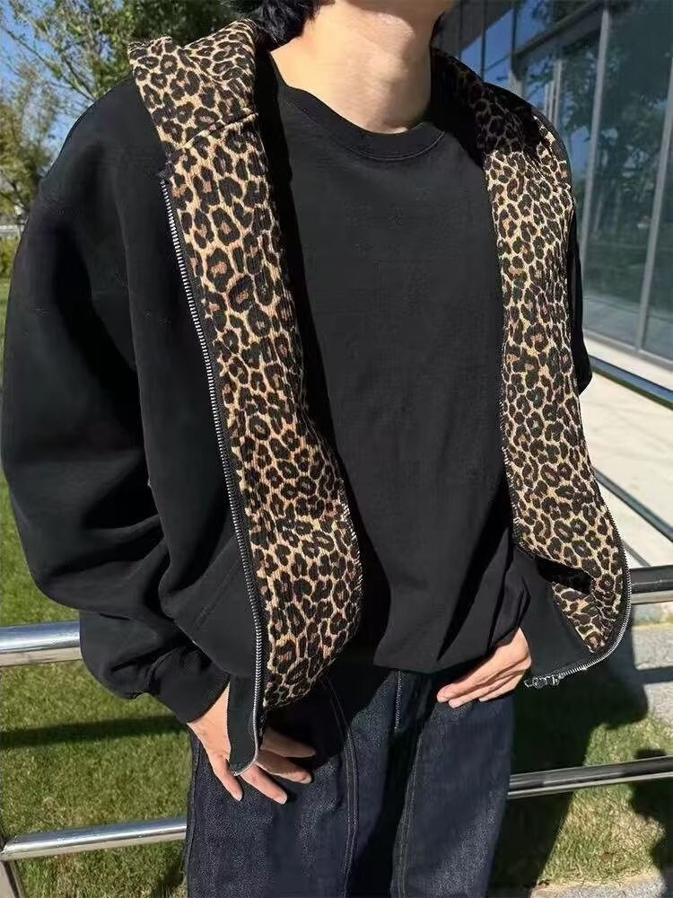 黑色美式豹纹外套男2026春秋季痞帅撞色拼接设计感连帽开衫卫衣潮