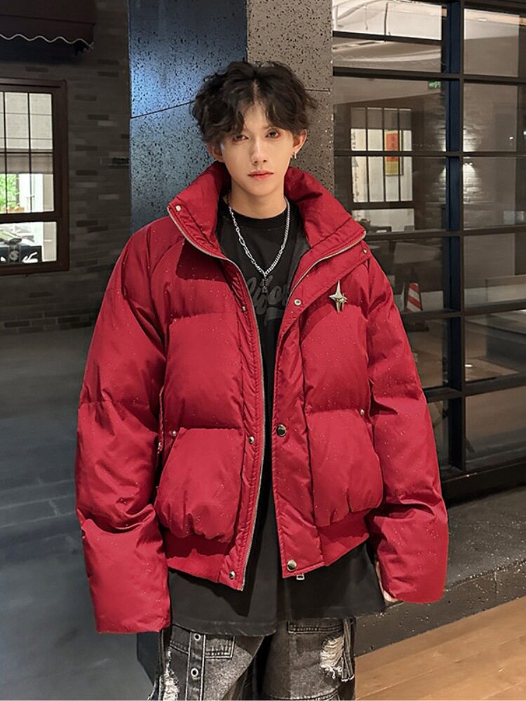 满天星红色羽绒棉服男冬季加厚保暖面包服美式高街设计感痞帅外套