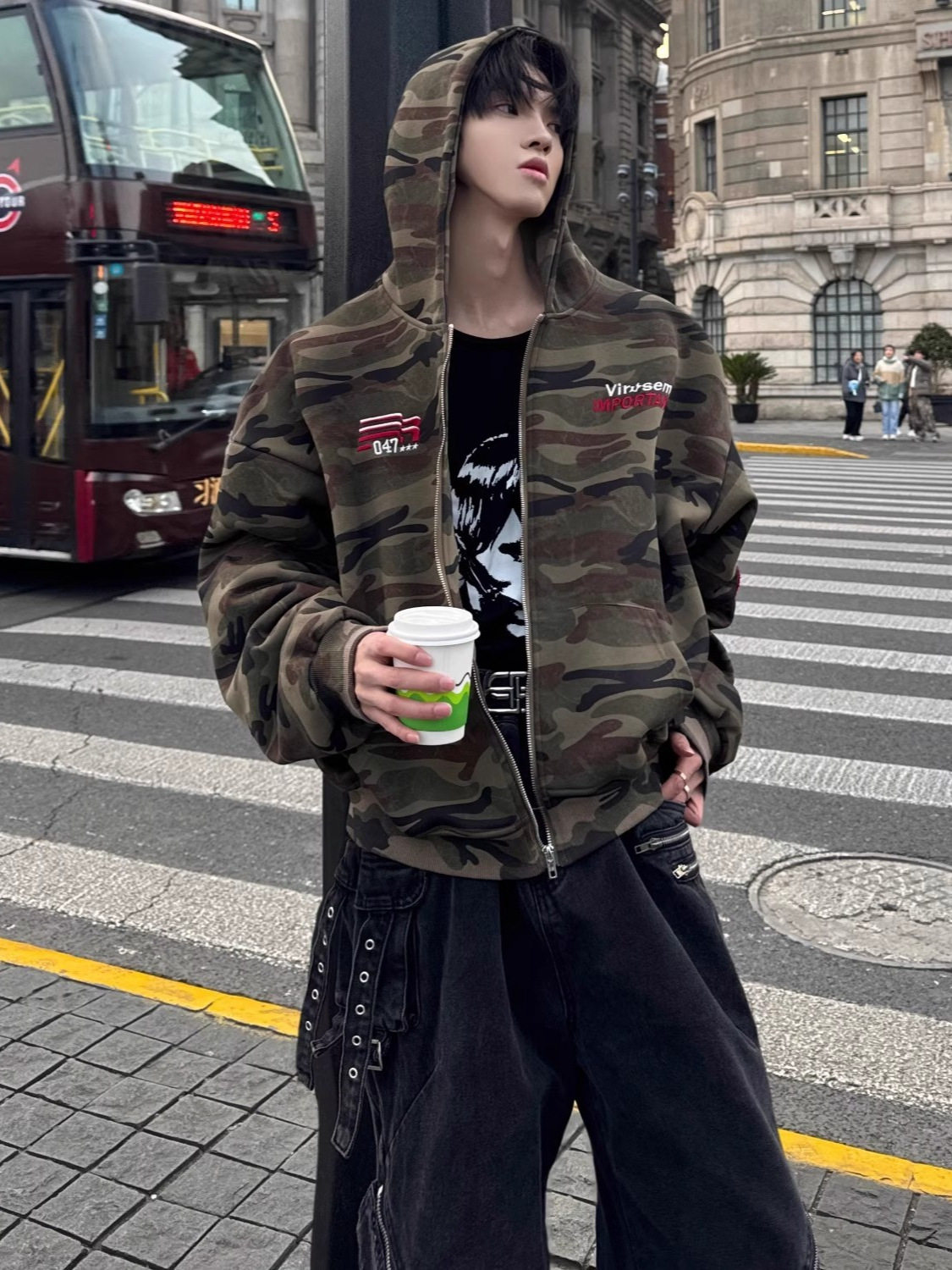 美式迷彩开衫连帽卫衣男女2026春秋季潮刺绣夹克宽松休闲帽衫外套