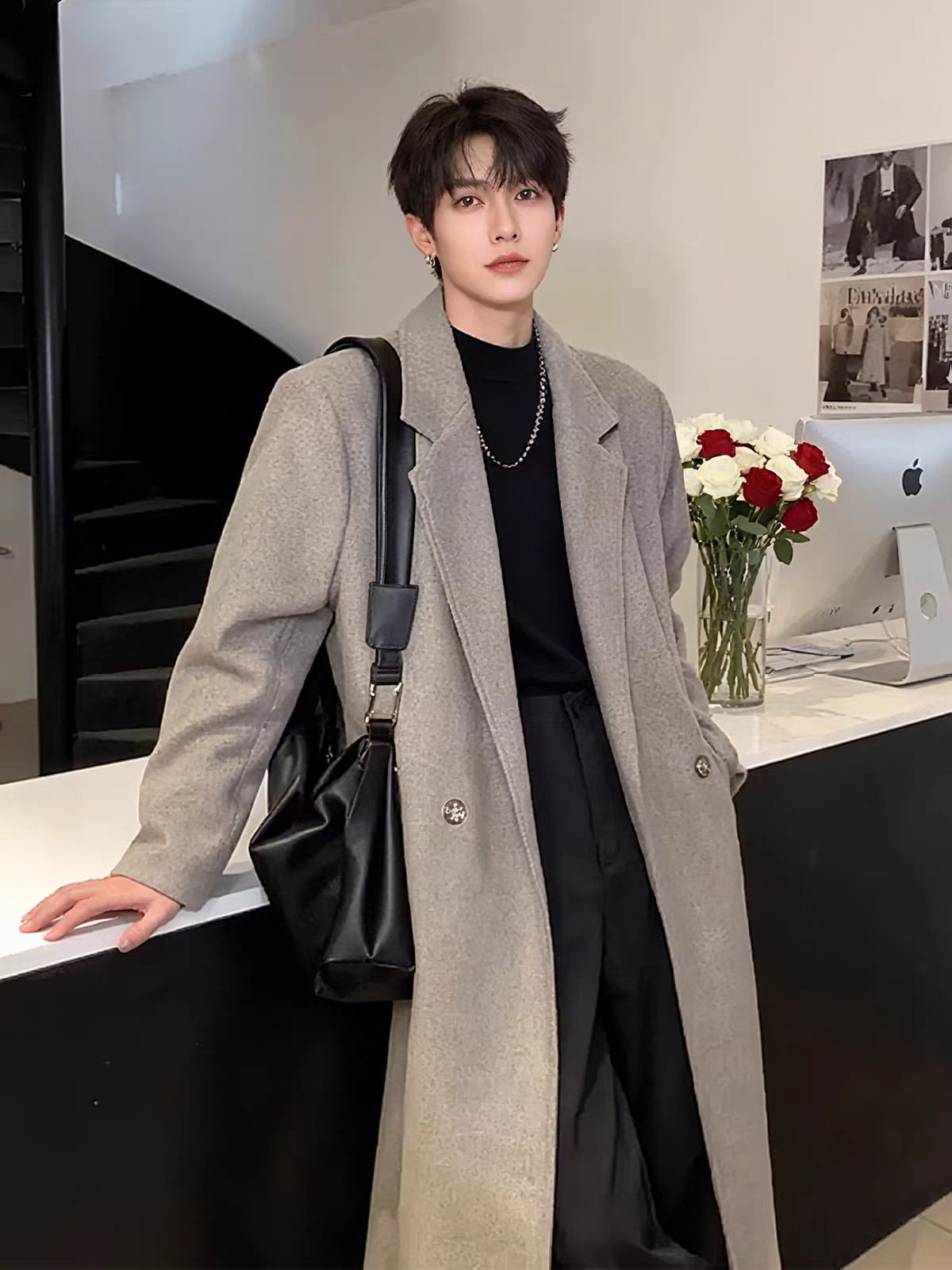 毛呢大衣男韩版风l衣中长版过膝呢子黑色羊绒大衣男士冬季加厚潮