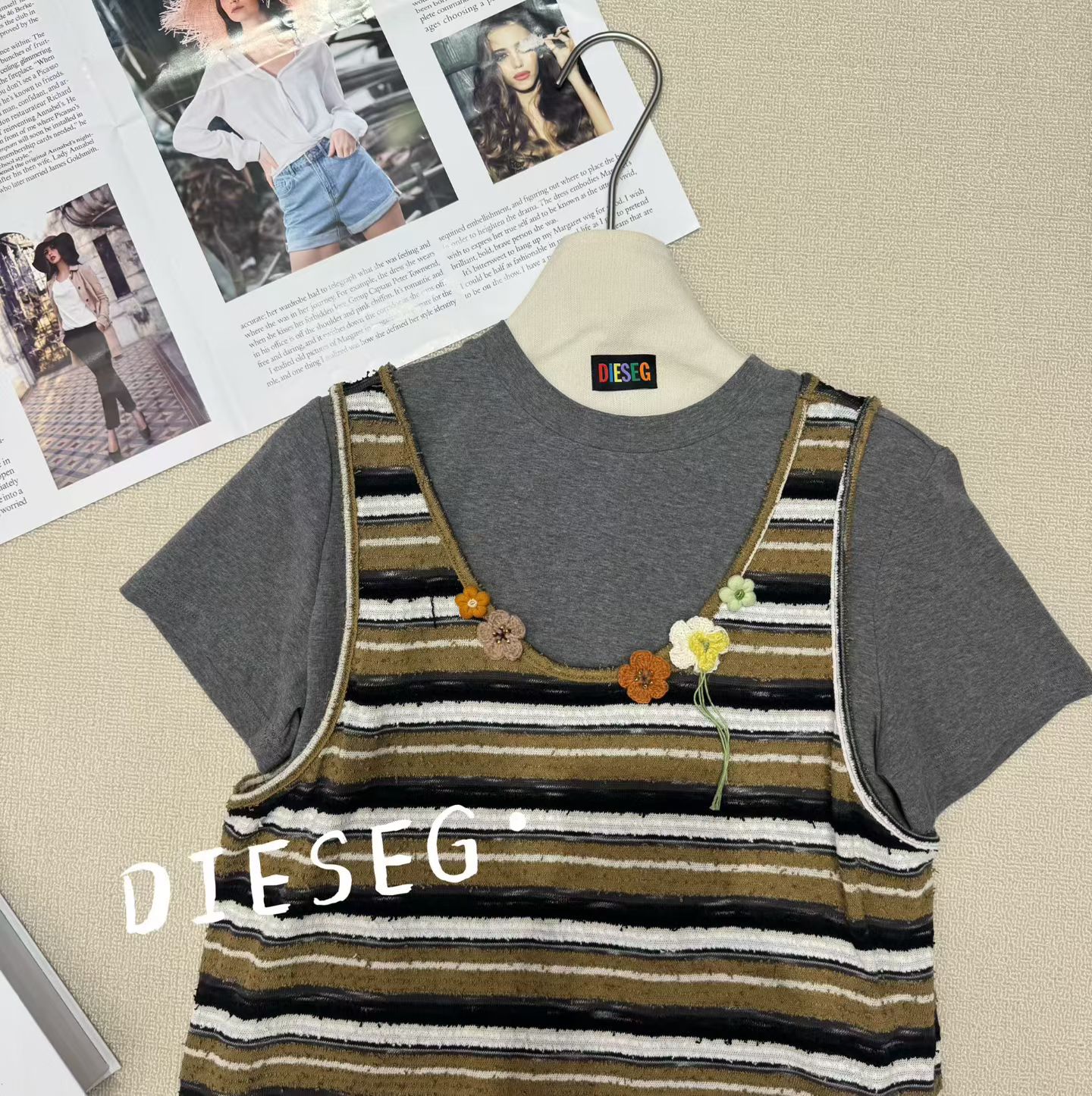 南油DIESEG欧洲站026秋欧韩条纹背心两件套修身减龄显瘦短袖T恤女
