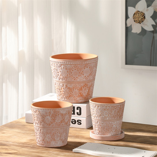 复古浮雕红陶透气花盆简约做旧兰花园阳台彩叶芋绿植装饰盆栽花盆