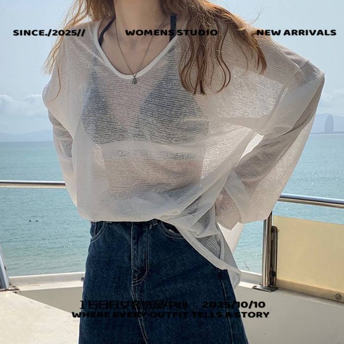 杭州四季青女装薄款仿冰丝长袖防晒衣女夏透视装外穿打底衫学生上