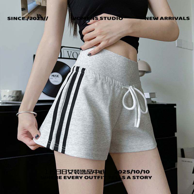 义乌市楠涛服饰红色条纹运动短裤女夏季薄款高腰显瘦美式阔腿裤抽