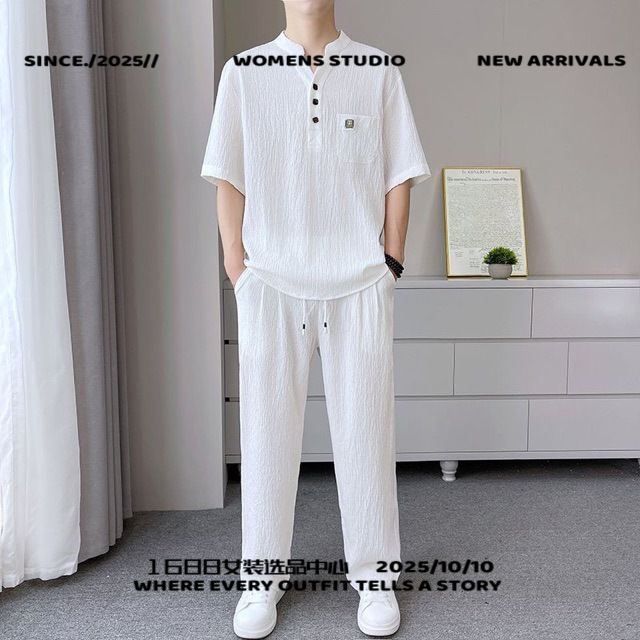 夏季薄款国风新中式套装男简约休闲领短袖上衣两件套汉服
