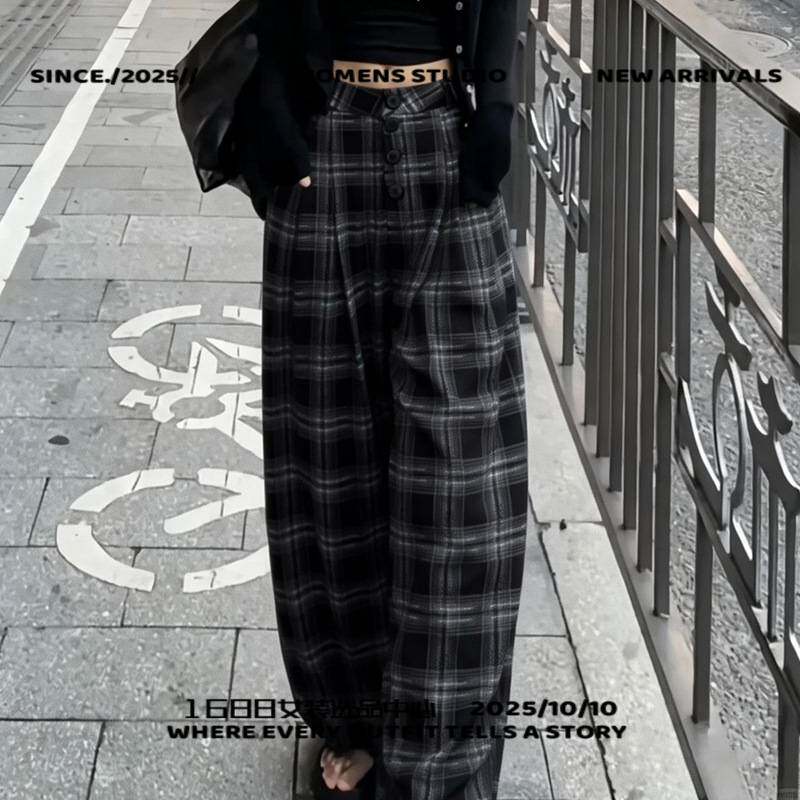 浙江杭州女装格子阔腿裤女春夏宽松休闲长裤慵懒显瘦百搭高腰垂感