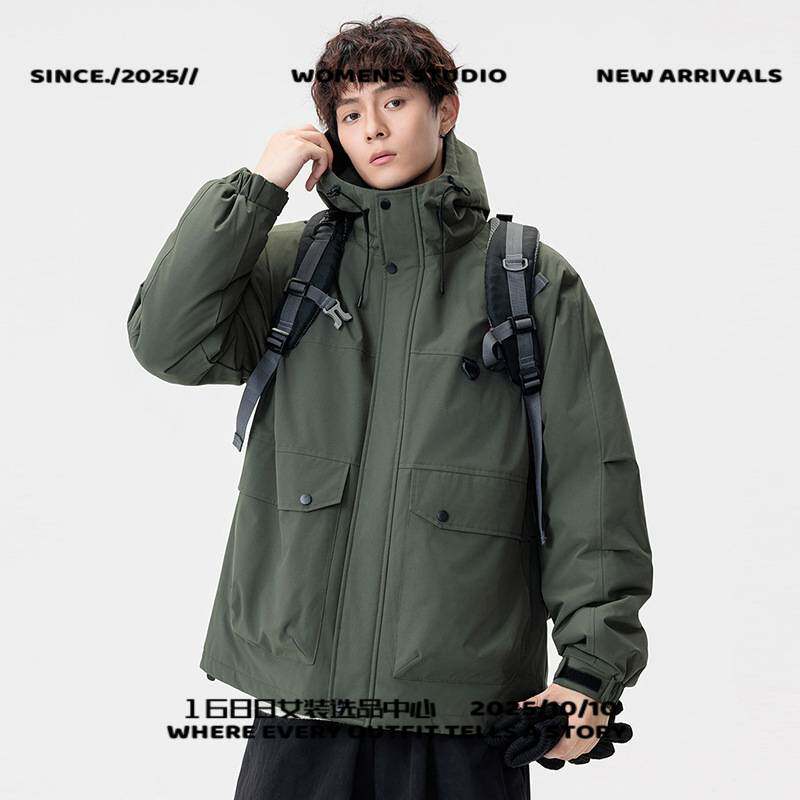 平湖羽绒服秋冬新款加厚保服男加肥大码连帽休闲夹克胖子流工装外