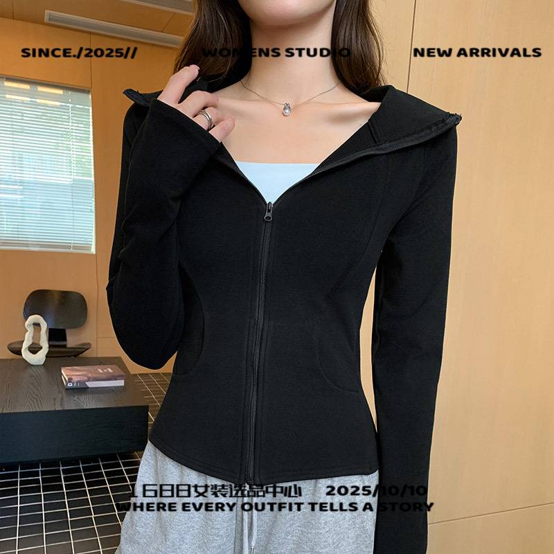 广州市偏爱服饰连帽卫衣外套女春秋季新款修身收腰瑜伽运动短款上