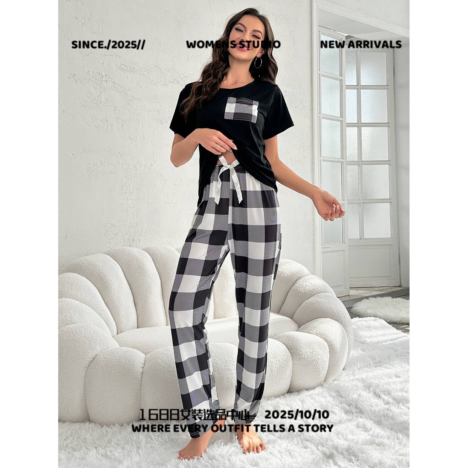广东汕头品牌睡衣欧美女士格子家居服睡衣两件套套装带口袋休闲舒