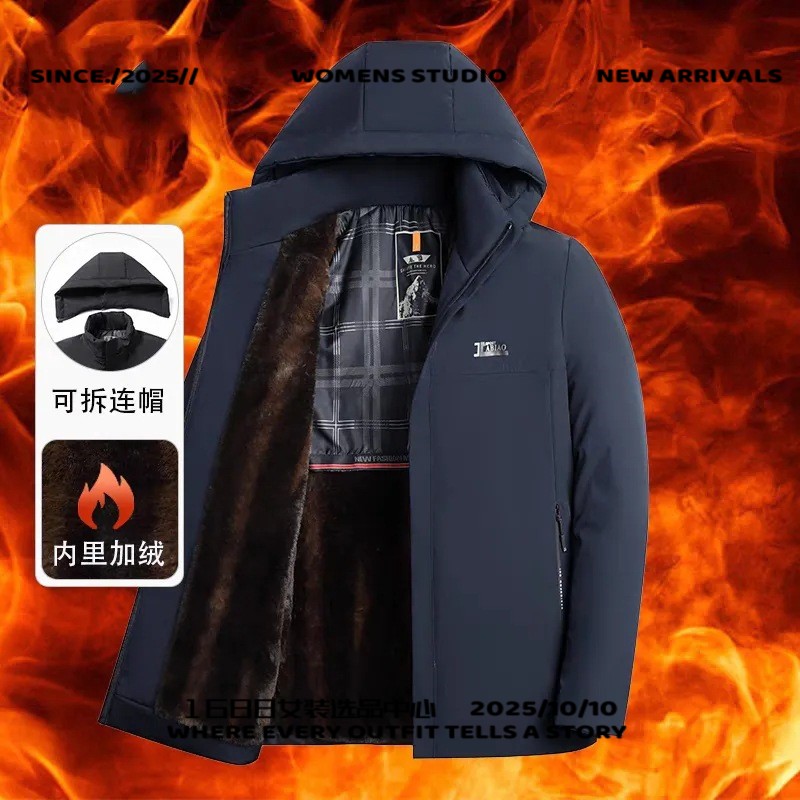 中老年棉衣男服修身休闲可拆卸反季保暖加绒加厚冬季连帽