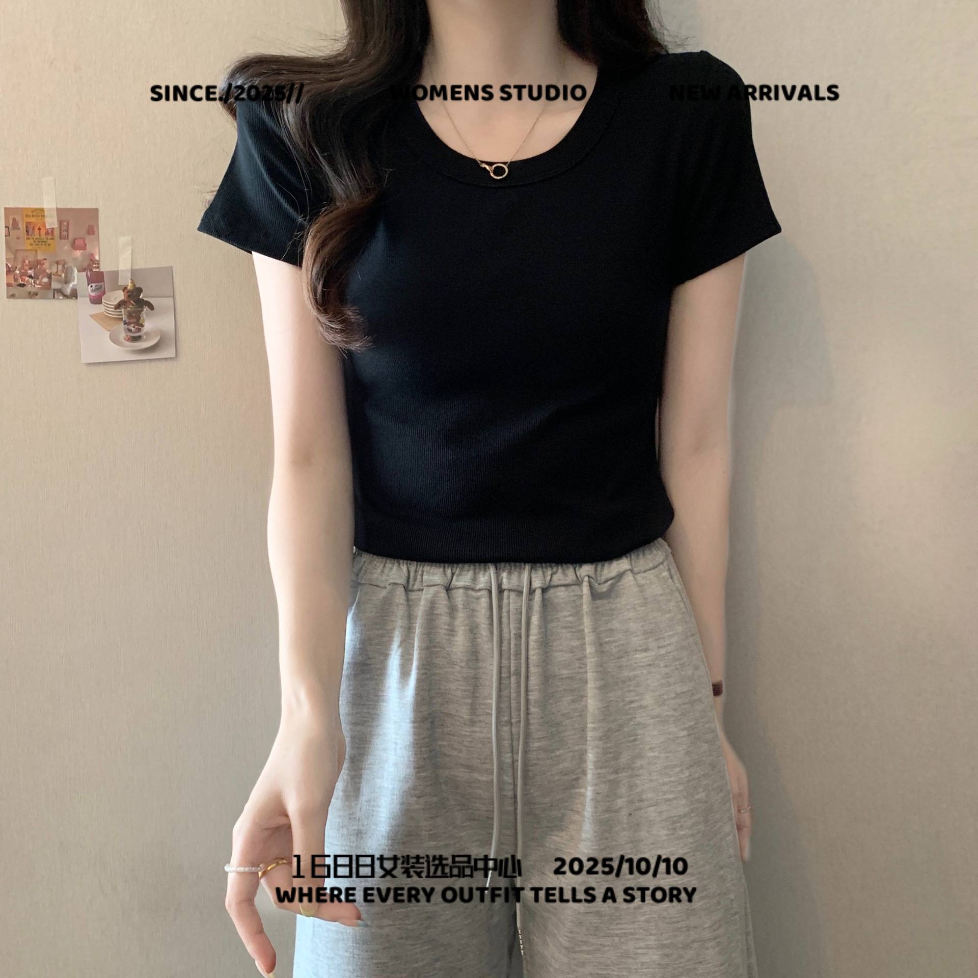 广州十三行春款女装春夏不规则正肩短袖恤女大码上衣女夏季修身百