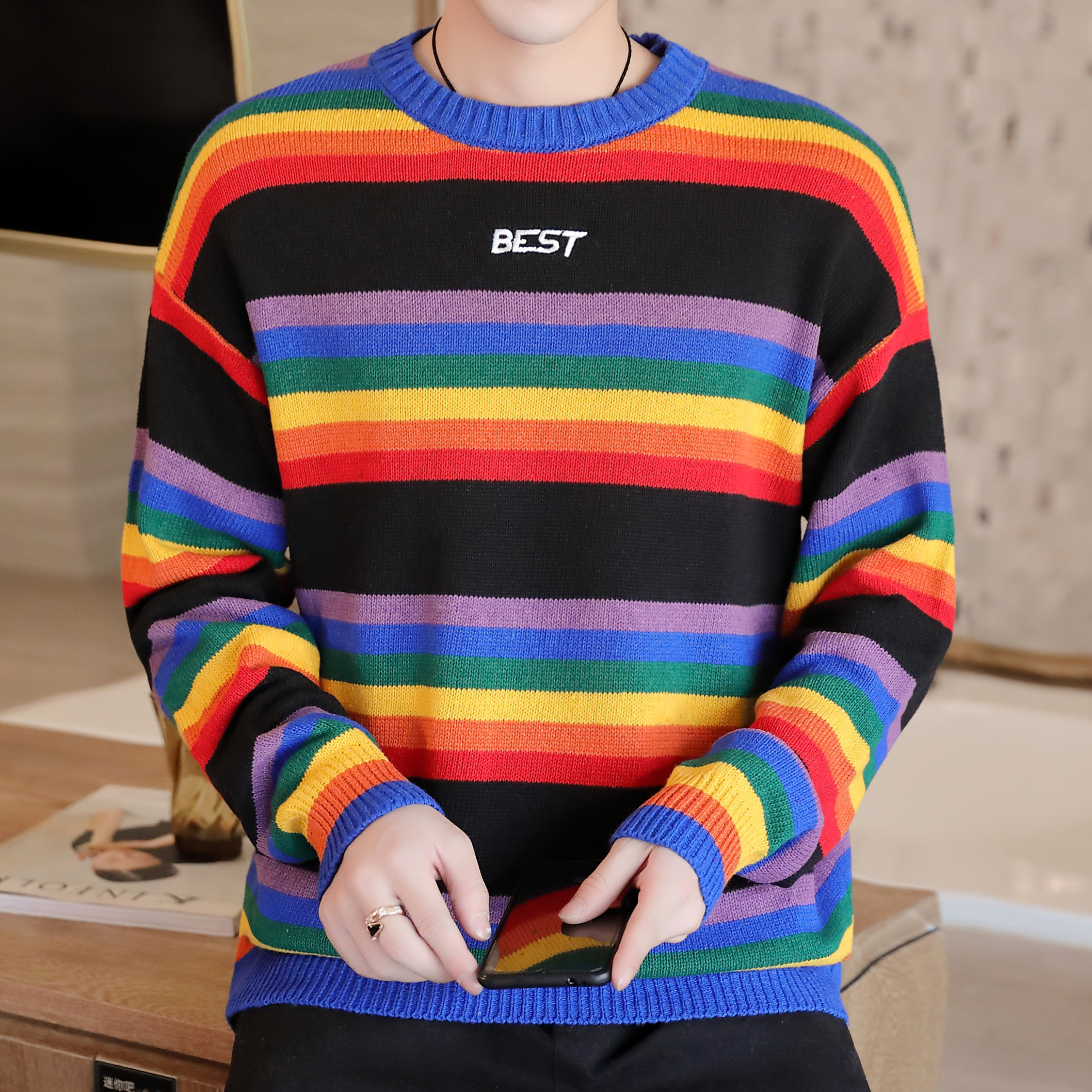 New Rainbow Stripe knitted sweater in autumn and winter