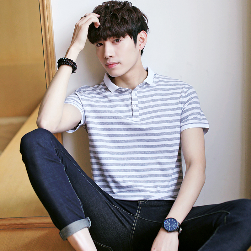 19 Summer New Korean Short Sleeve Polo T-shirt with Slim Stripes