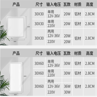 厨房卫生间灯30x300x600铝扣板30x60平板灯 12V24V220V吊顶led灯