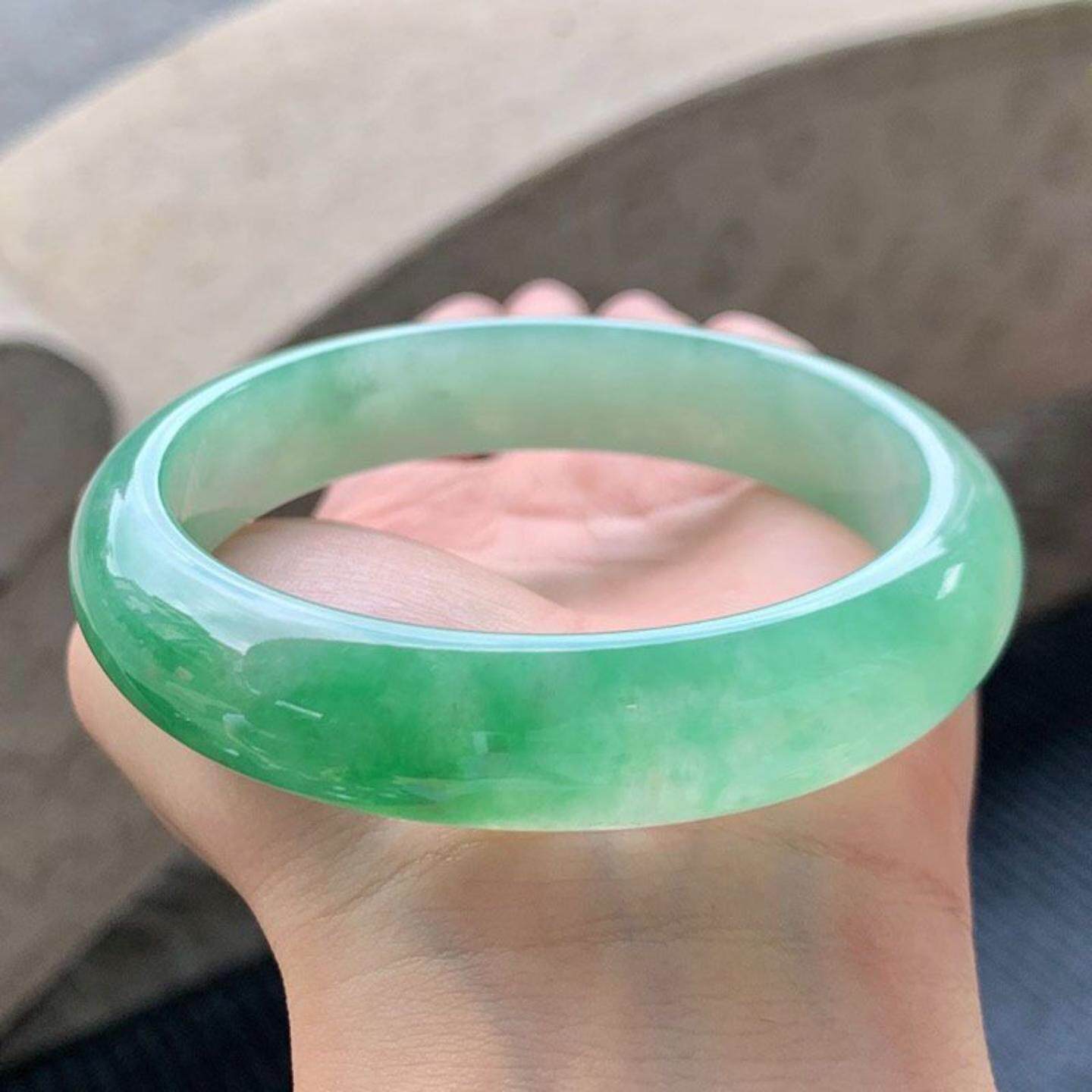 【带证】天然缅甸翡翠手镯老坑a货玉石冰种飘绿正圈平安翡翠手镯