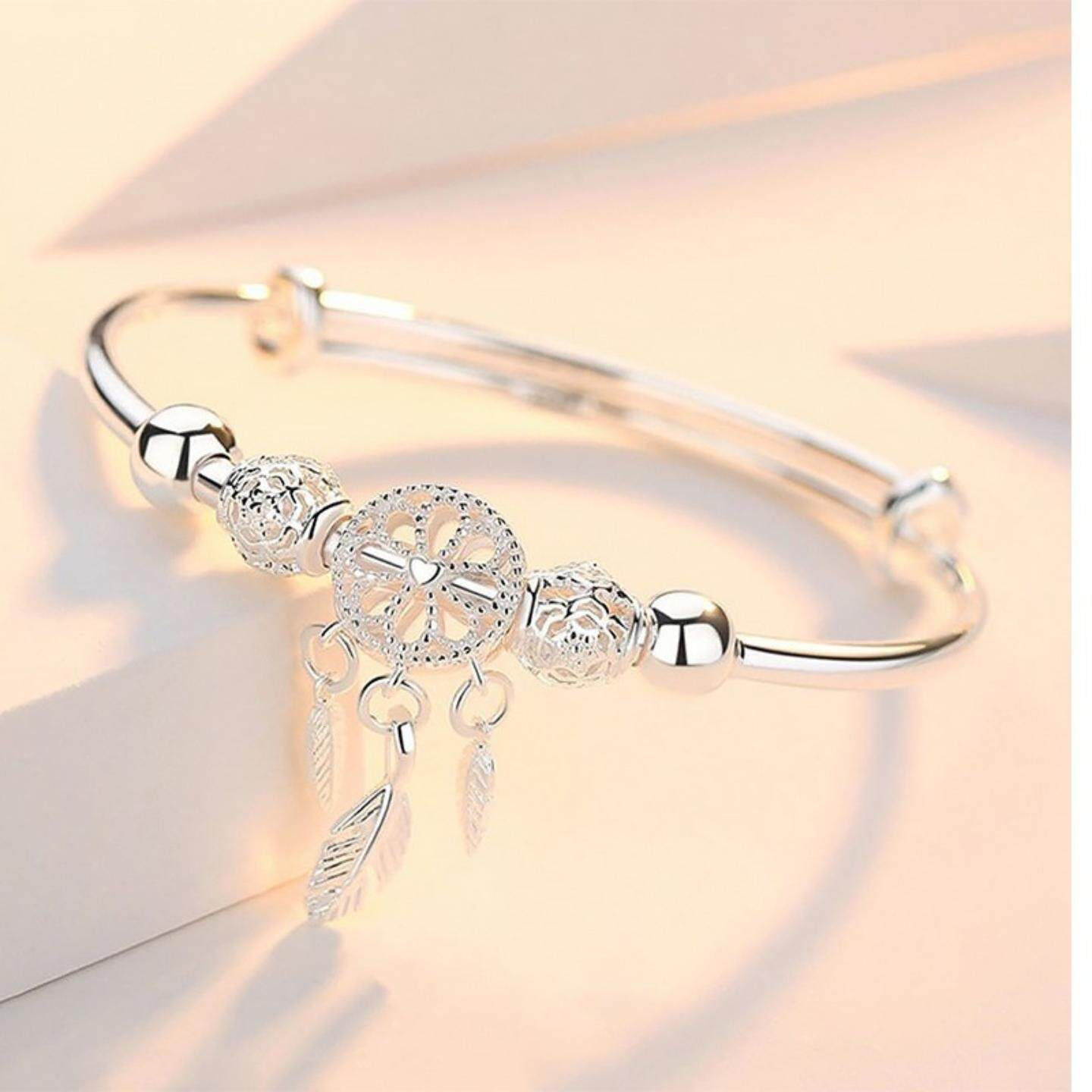 999纯银色手镯女时尚款镀银手环流苏链坠森系小清新手饰品