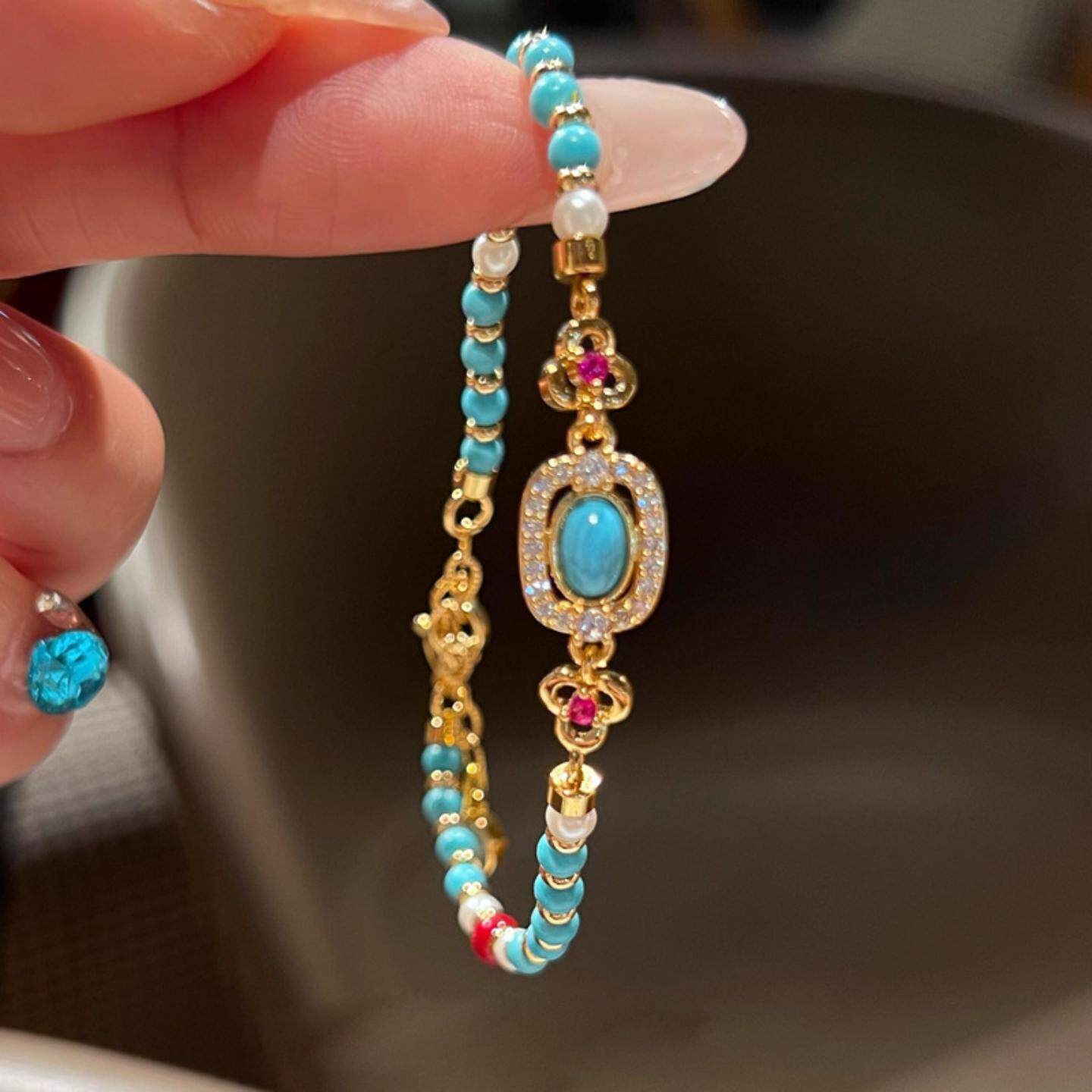 绿松石珍珠手链轻奢高级感彩色多巴胺手串女生新中式小众串珠手饰