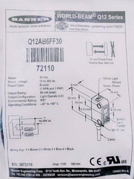 全新邦纳传感器Q12AB6FF30 全新光电开关，有量现货现货咨询