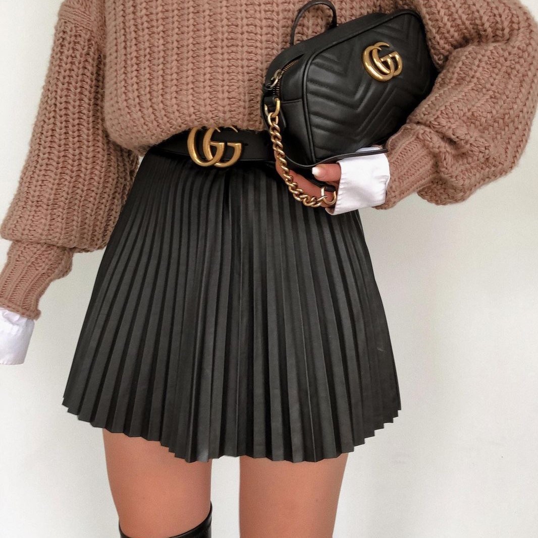 Draped pleated knitted mini skirts Women winter short skirt