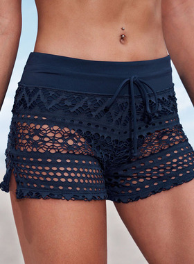 2023欧美新款黑色提花蕾丝泳裤女速干大码平角短裤温泉防走光游泳