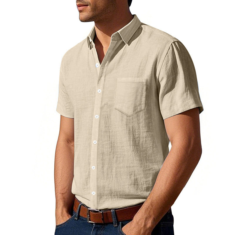 男亚麻纯色透气衬衫短袖men's solid color short sleeves shirt