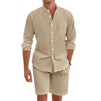 men's Button up long sleeved shirt shorts set casual wear
