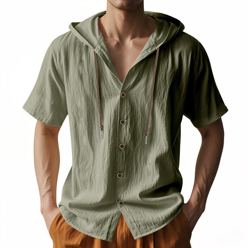 Men's loose linen hooded T shirt solid color 男士连帽衬衫