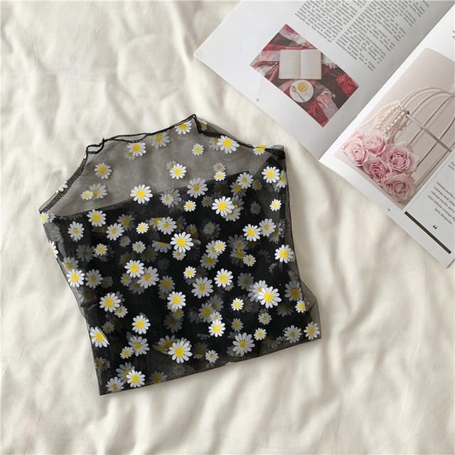 Summer Autumn Women Casual Mesh Pattern Daisy Flower Printed