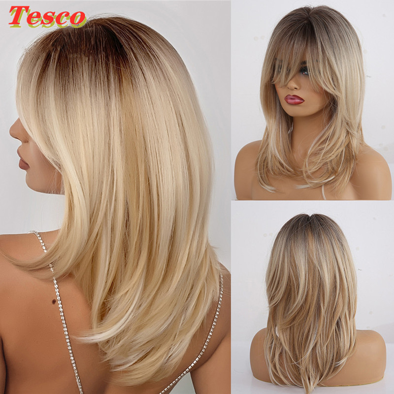 wig hair欧美时尚自然长直大波浪假发女渐变黑色棕色金色刘海卷发